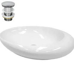 Waschbecken inkl. Ablaufgarnitur Silber ohne Überlauf 58,5x37,5x14,5 cm Weiß aus Keramik-ECD Germany Online