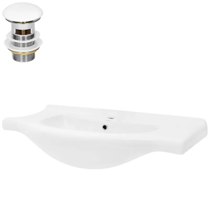 Waschbecken inkl. Ablaufgarnitur Weiß mit Überlauf 86x51,5x21,5 cm Weiß aus Keramik ML-Design-ECD Germany New