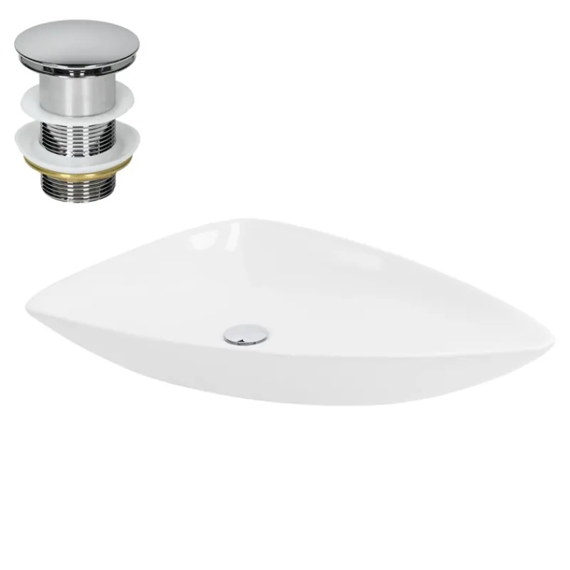 Waschbecken inkl. Ablaufgarnitur Silber ohne Überlauf 69x46x13 cm Weiß aus Keramik ML-Design-ECD Germany