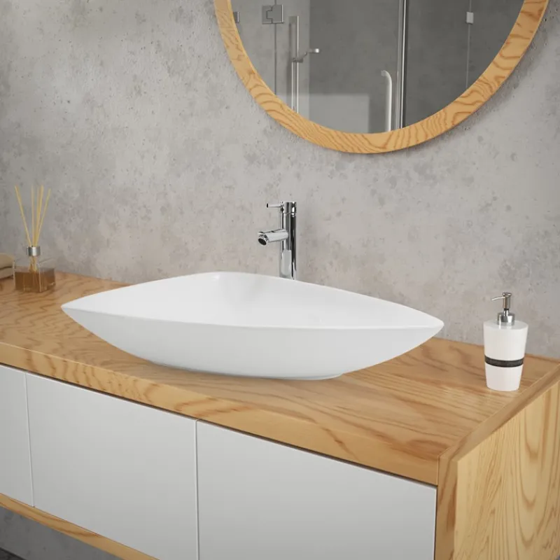 Waschbecken inkl. Ablaufgarnitur Silber ohne Überlauf 69x46x13 cm Weiß aus Keramik ML-Design-ECD Germany