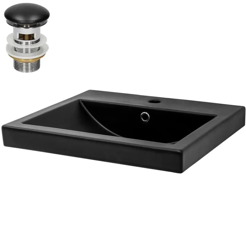 Waschbecken inkl. Ablaufgarnitur Schwarz mit Überlauf 53,5x46x16,5 cm Schwarz matt aus Keramik ML-Design-ECD Germany Sale