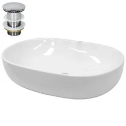 Waschbecken inkl. Ablaufgarnitur Silber ohne Überlauf 60x42x14,5 cm Weiß aus Keramik-ECD Germany Clearance