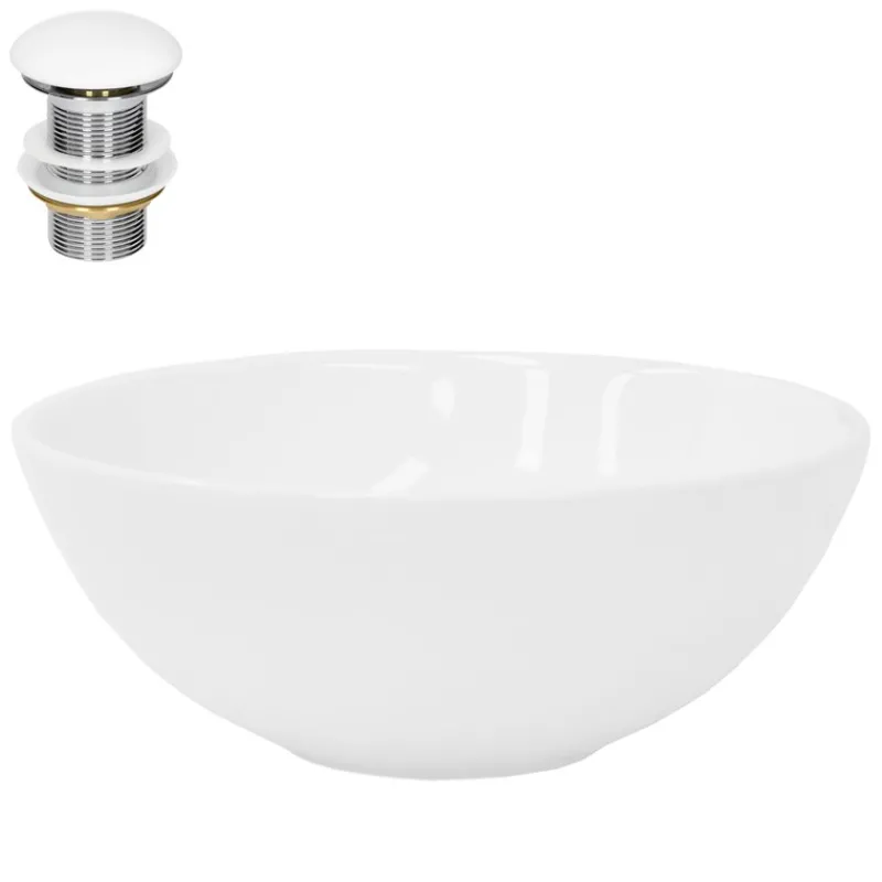 Waschbecken inkl. Ablaufgarnitur Weiß ohne Überlauf Ø 28x11,6 cm Weiß aus Keramik ML-Design-ECD Germany Clearance