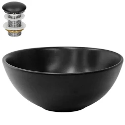 Waschbecken inkl. Ablaufgarnitur Schwarz ohne Überlauf Ø 28x15 cm Schwarz aus Keramik ML-Design-ECD Germany Outlet