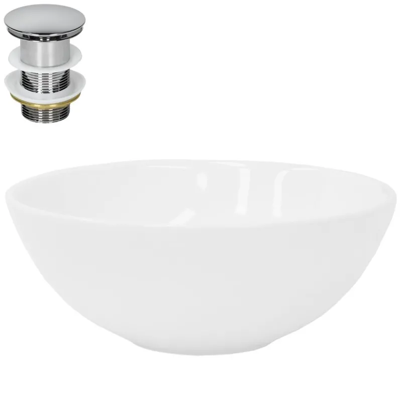 Waschbecken inkl. Ablaufgarnitur Silber ohne Überlauf Ø 28x11,6 cm Weiß aus Keramik ML-Design-ECD Germany Clearance