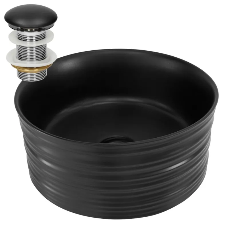 Waschbecken inkl. Ablaufgarnitur Schwarz ohne Überlauf Ø 41x18 cm Schwarz aus Keramik ML-Design-ECD Germany Online