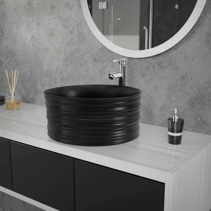 Waschbecken inkl. Ablaufgarnitur Schwarz ohne Überlauf Ø 41x18 cm Schwarz aus Keramik ML-Design-ECD Germany Online