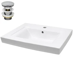 Waschbecken inkl. Ablaufgarnitur Silber mit Überlauf 60,5x46,5x16 cm Weiß aus Keramik-ECD Germany Outlet