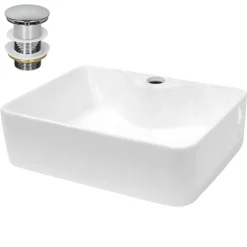 Waschbecken inkl. Ablaufgarnitur Silber ohne Überlauf 48x38x14 cm Weiß aus Keramik-ECD Germany Outlet