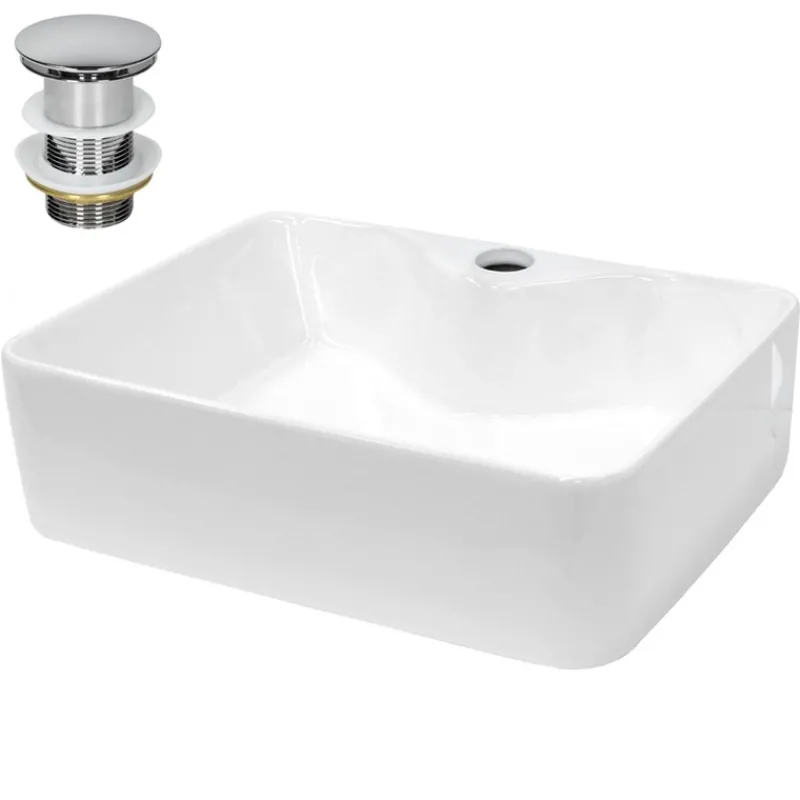 Waschbecken inkl. Ablaufgarnitur Silber ohne Überlauf 48x38x14 cm Weiß aus Keramik-ECD Germany Outlet