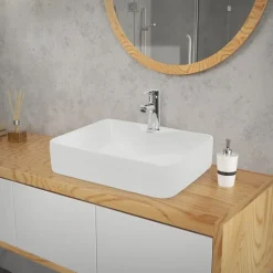 Waschbecken inkl. Ablaufgarnitur Silber ohne Überlauf 48x38x14 cm Weiß aus Keramik-ECD Germany Outlet