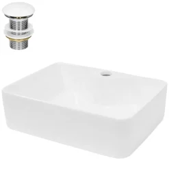 Waschbecken inkl. Ablaufgarnitur Weiß ohne Überlauf 48x38x14 cm Weiß aus Keramik-ECD Germany Clearance