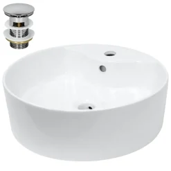 Waschbecken inkl. Ablaufgarnitur Silber mit Überlauf Ø 46x15,5 cm Weiß aus Keramik-ECD Germany Clearance