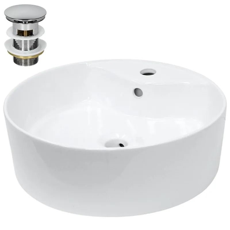 Waschbecken inkl. Ablaufgarnitur Silber mit Überlauf Ø 46x15,5 cm Weiß aus Keramik-ECD Germany Clearance