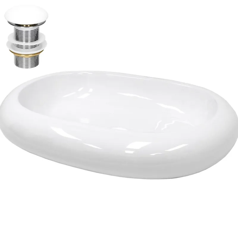 Waschbecken inkl. Ablaufgarnitur Weiß ohne Überlauf 63x42x12 cm Weiß aus Keramik-ECD Germany Outlet