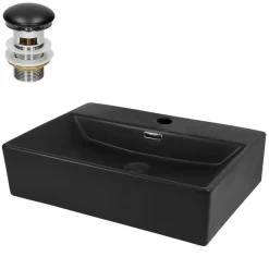 Waschbecken inkl. Ablaufgarnitur Schwarz mit Überlauf 51,5x36x13 cm Schwarz aus Keramik ML-Design-ECD Germany Discount