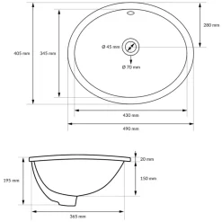 Waschbecken Oval mit Überlauf 49x40,5x19,5 cm Weiß aus Keramik ML-Design-ECD Germany Clearance