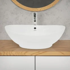 Waschbecken Oval mit Überlauf 590x390x200 mm Weiß aus Keramik-ECD Germany Outlet