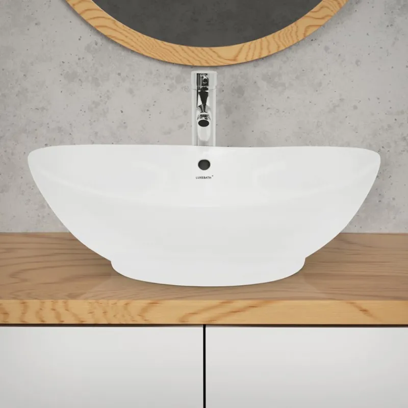 Waschbecken Oval mit Überlauf 590x390x200 mm Weiß aus Keramik-ECD Germany Outlet