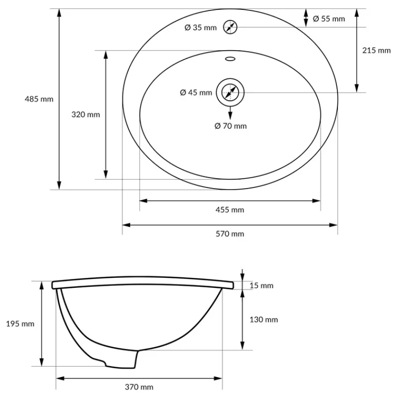 Waschbecken Oval mit Überlauf 57x48,5x19,5 cm Weiß aus Keramik ML-Design-ECD Germany Outlet