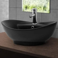 Waschbecken Oval mit Überlauf 59x39,5x20,5 cm Schwarz matt aus Keramik ML-Design-ECD Germany Outlet