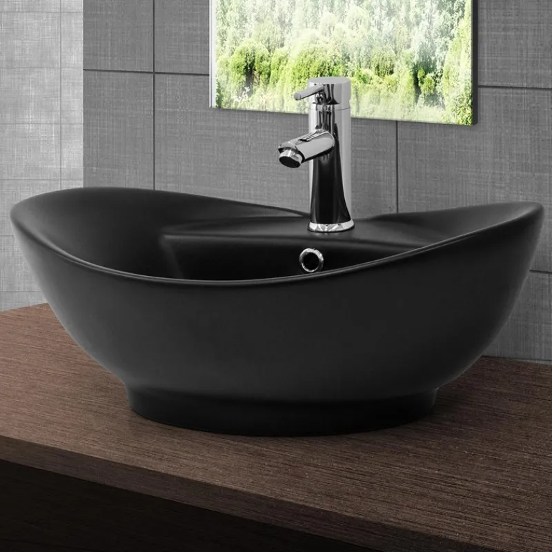 Waschbecken Oval mit Überlauf 59x39,5x20,5 cm Schwarz matt aus Keramik ML-Design-ECD Germany Outlet