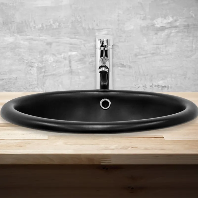 Waschbecken Oval mit Überlauf 49x40,5x19,5 cm Schwarz matt aus Keramik ML-Design-ECD Germany New