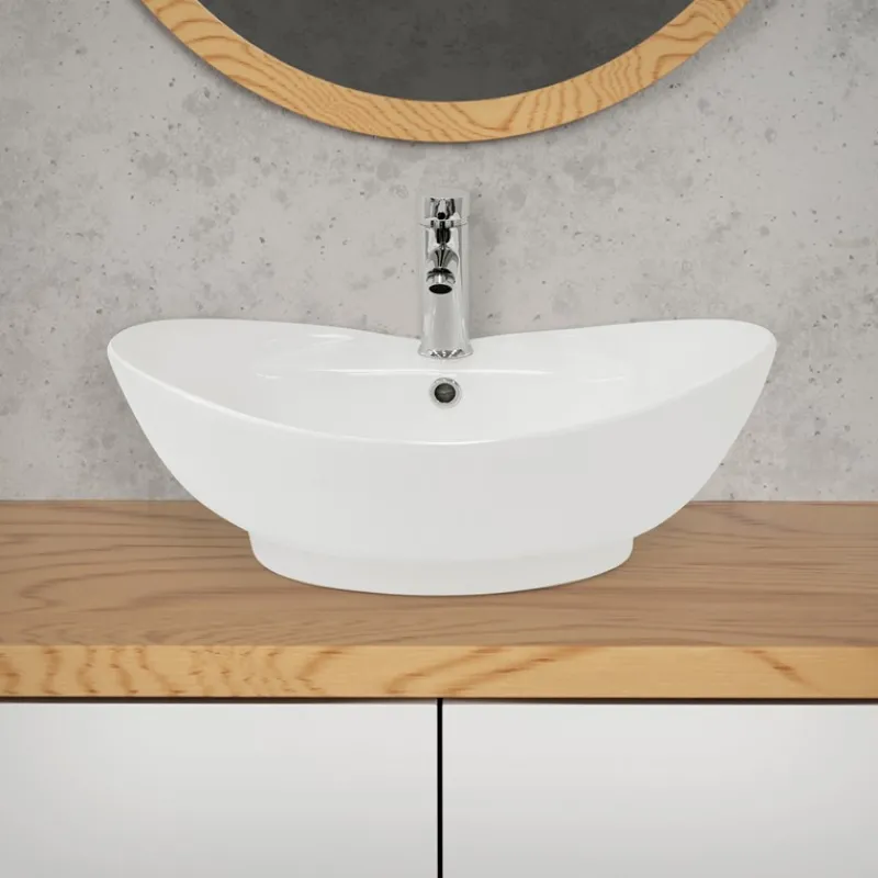 Waschbecken Oval mit Überlauf 59x39,5x20,5 cm Weiß aus Keramik ML-Design-ECD Germany Hot