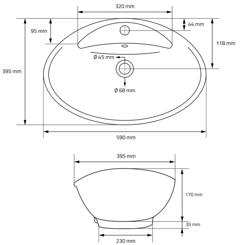 Waschbecken Oval mit Überlauf 59x39,5x20,5 cm Weiß aus Keramik ML-Design-ECD Germany Hot