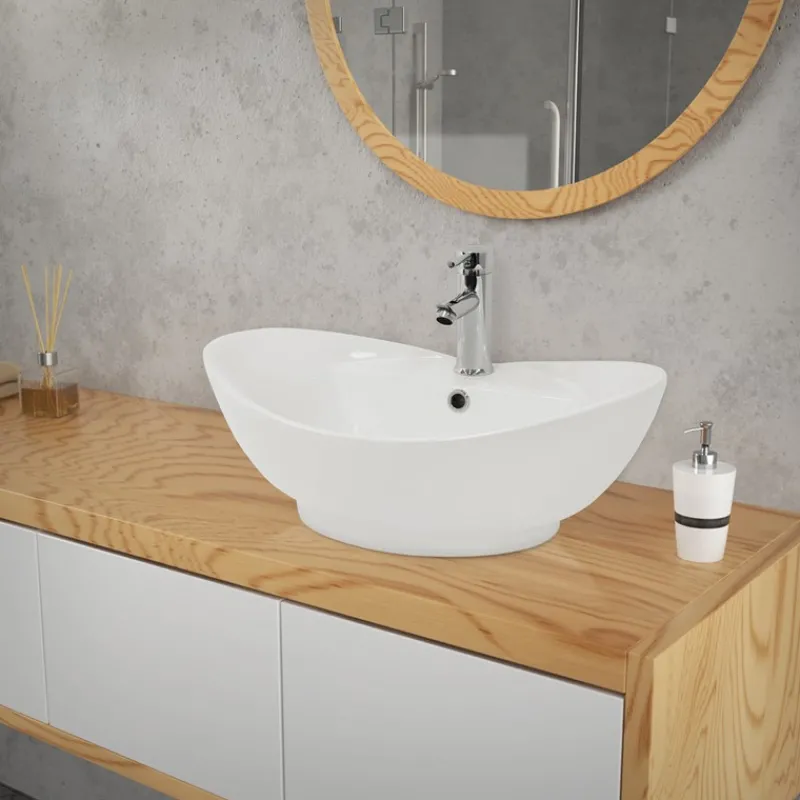 Waschbecken Oval mit Überlauf 59x39,5x20,5 cm Weiß aus Keramik ML-Design-ECD Germany Hot