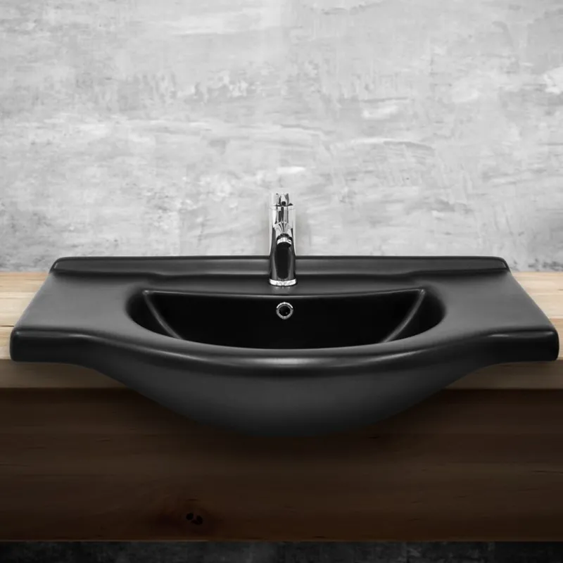 Waschbecken Oval mit Überlauf 87x50,5x2,5 cm Schwarz matt aus Keramik ML-Design-ECD Germany