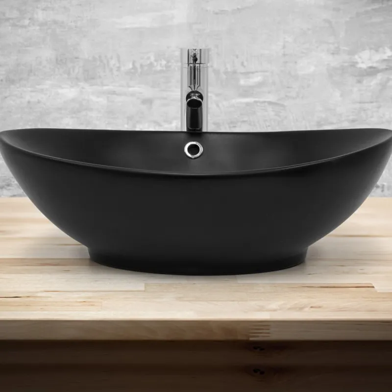 Waschbecken Oval mit Überlauf 59x38x19 cm Schwarz aus Keramik ML-Design-ECD Germany Clearance