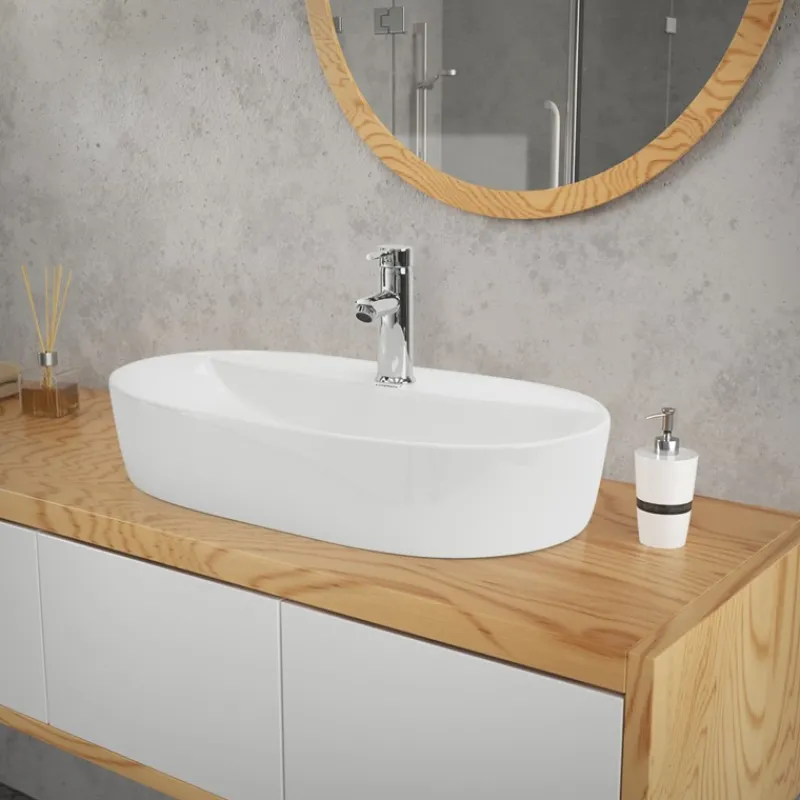 Waschbecken Oval ohne Überlauf 60x40x12 cm Weiß aus Keramik ML-Design-ECD Germany Best