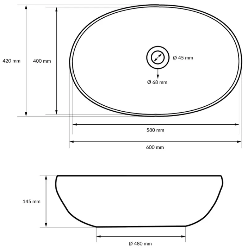Waschbecken Oval ohne Überlauf 60x42x14,5 cm Weiß aus Keramik-ECD Germany New