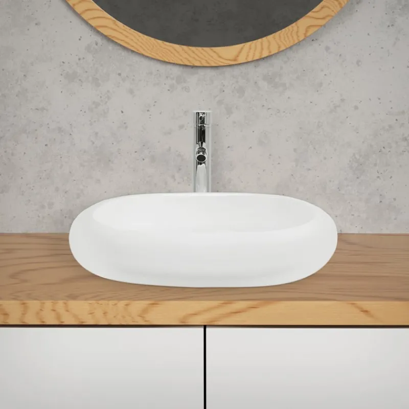 Waschbecken Oval ohne Überlauf 63x42x12 cm Weiß aus Keramik-ECD Germany Online