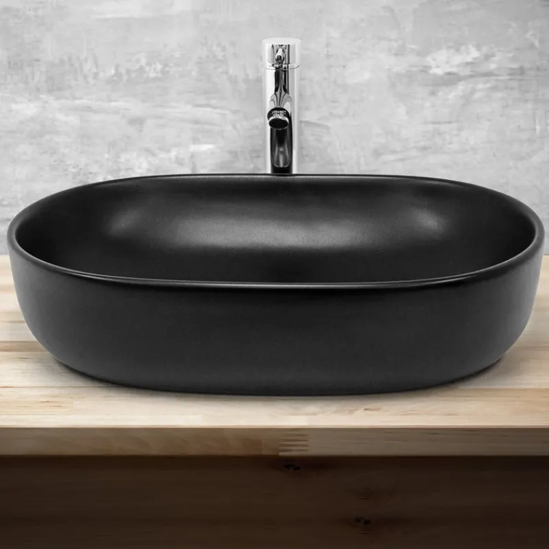 Waschbecken Oval ohne Überlauf 60x42,5x14,5 cm Schwarz aus Keramik ML-Design-ECD Germany