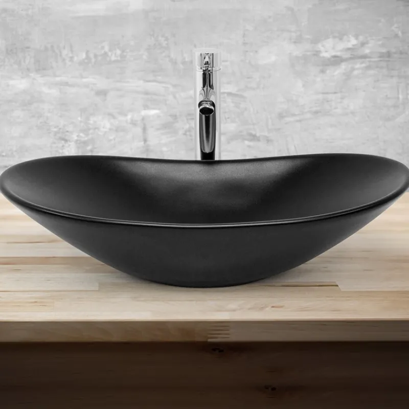 Waschbecken Oval ohne Überlauf 63x36x15,5 cm Schwarz aus Keramik ML-Design-ECD Germany Discount