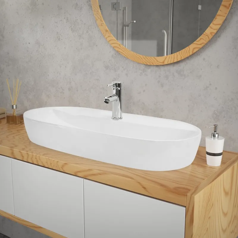 Waschbecken Oval ohne Überlauf 80x40x12 cm Weiß aus Keramik ML-Design-ECD Germany Clearance