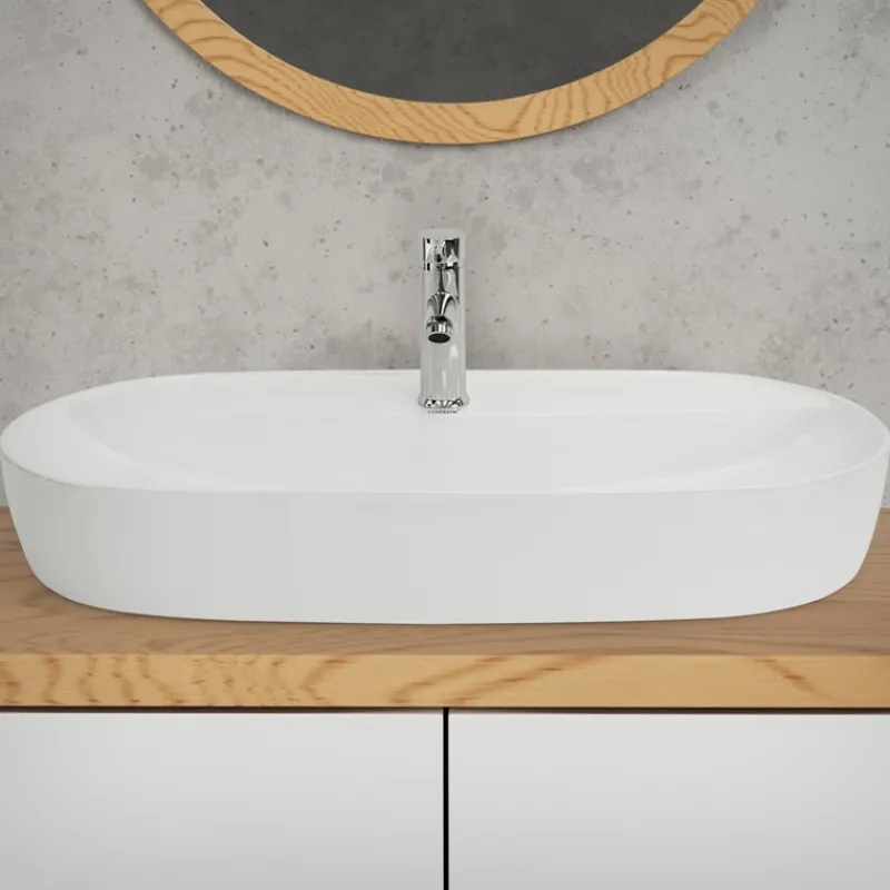 Waschbecken Oval ohne Überlauf 80x40x12 cm Weiß aus Keramik ML-Design-ECD Germany Clearance