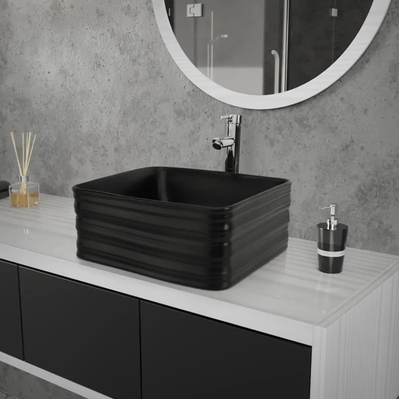 Waschbecken Quadratisch ohne Überlauf 39x39x15 cm Schwarz aus Keramik ML-Design-ECD Germany Best