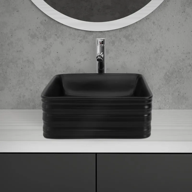 Waschbecken Quadratisch ohne Überlauf 39x39x15 cm Schwarz aus Keramik ML-Design-ECD Germany Best