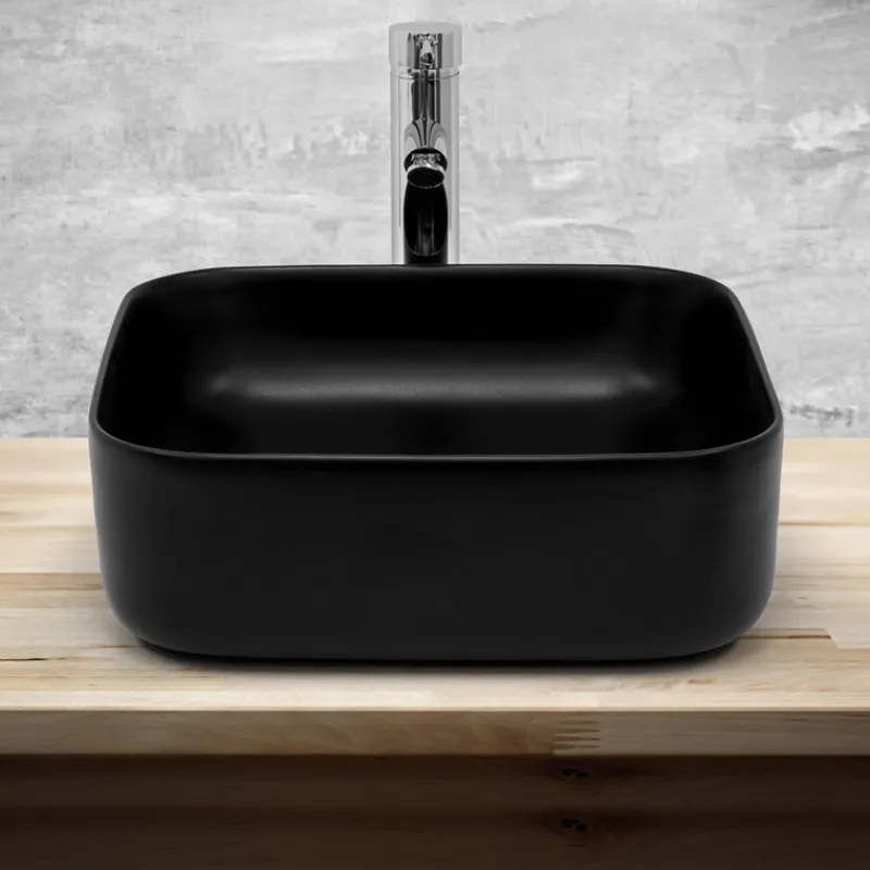 Waschbecken Quadratisch ohne Überlauf 39,5x39,5x14 cm Schwarz aus Keramik ML-Design-ECD Germany