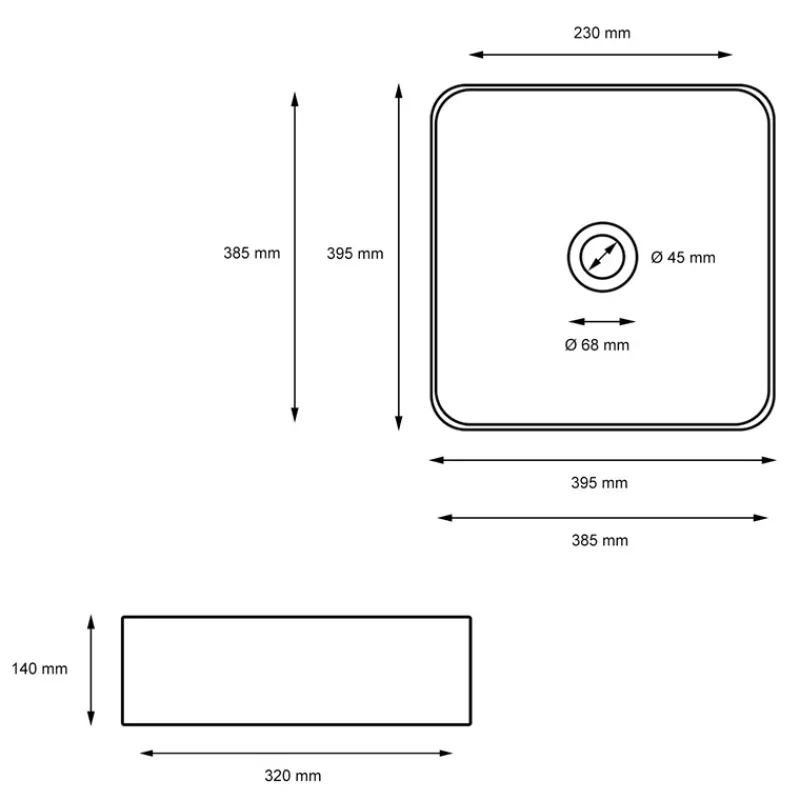 Waschbecken Quadratisch ohne Überlauf 39,5x39,5x14 cm Schwarz aus Keramik ML-Design-ECD Germany