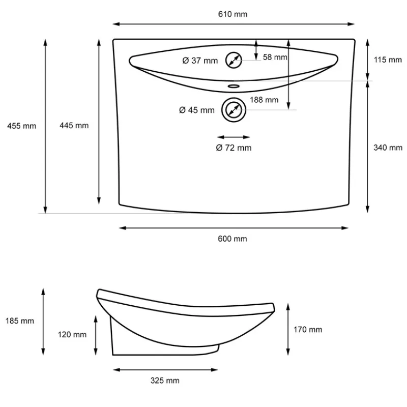 Waschbecken Rechteckig mit Überlauf 61x45,5x18,5 cm Schwarz aus Keramik ML-Design-ECD Germany Outlet