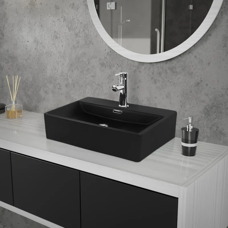 Waschbecken Rechteckig mit Überlauf 51,5x36x13 cm Schwarz aus Keramik ML-Design-ECD Germany Sale