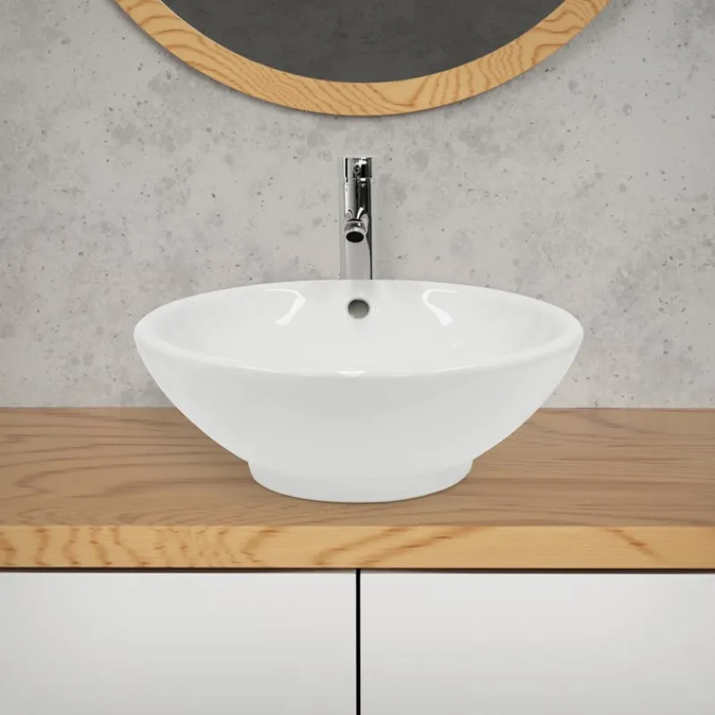 Waschbecken Rund Ø 420 x 170 mm Weiß inkl. Überlauf aus Keramik-ECD Germany Discount