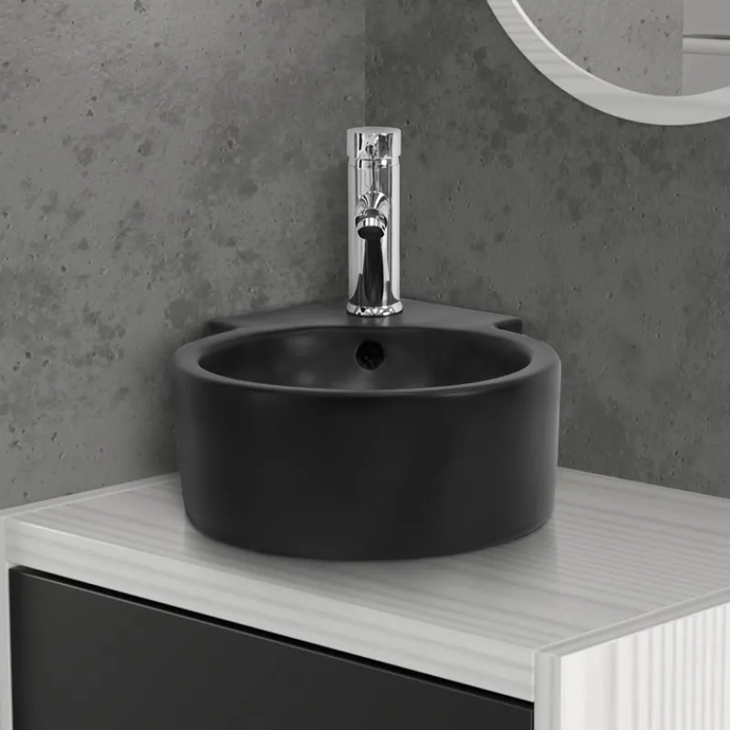 Waschbecken Rund mit Überlauf 45x36x13 cm Schwarz aus Keramik ML-Design-ECD Germany