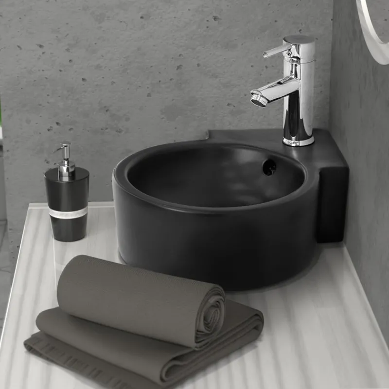 Waschbecken Rund mit Überlauf 45x36x13 cm Schwarz aus Keramik ML-Design-ECD Germany