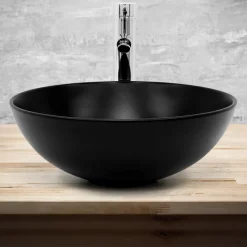 Waschbecken Rund ohne Überlauf Ø 40x14,5 cm Schwarz aus Keramik ML-Design-ECD Germany