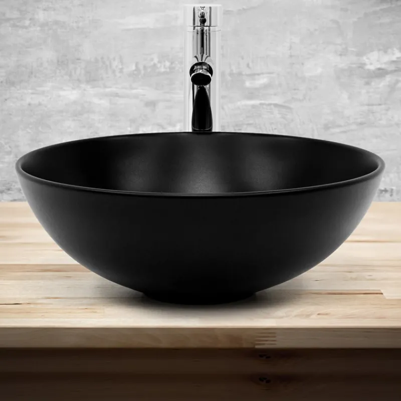 Waschbecken Rund ohne Überlauf Ø 40x14,5 cm Schwarz aus Keramik ML-Design-ECD Germany